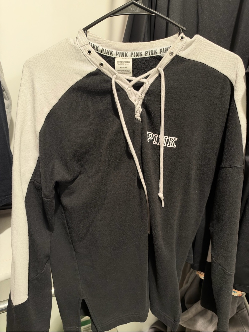 PINK Victoria's Secret Black & Light Gray Lace-Up Pullover Sweater